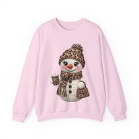 Leopard Snowman - Leopard Purse, Drink, Hat & Scarf – Gildan Heavy Blend | Trendy Women’s Soft Sweatshirt. Direct to Garment. Printed & Shipped in the USA. Unisex Sizes.