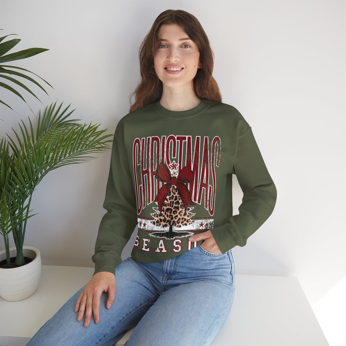 Christmas Season Leopard Tree Distressed – Gildan Heavy Blend | Trendy Women’s Soft Sweatshirt. Direct to Garment. Printed & Shipped in the USA. Unisex Sizes.