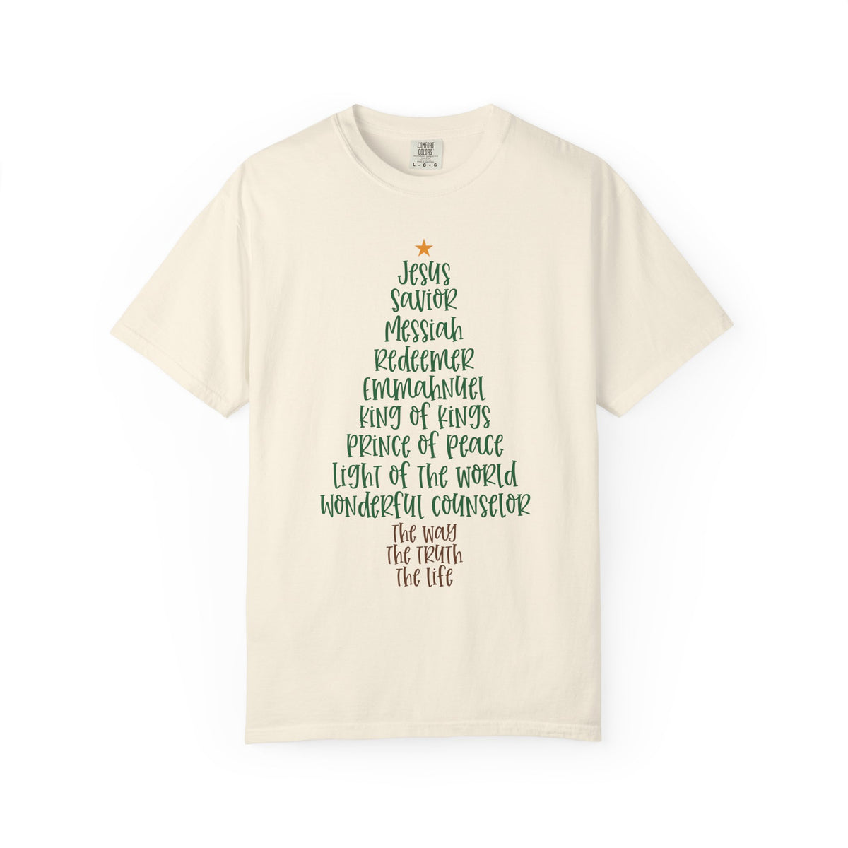 Jesus Name Christmas Tree - Comfort Colors | Trendy Women's T-Shirt. Direct to Garment. Printed & Shipped in the USA. Unisex Sizes.