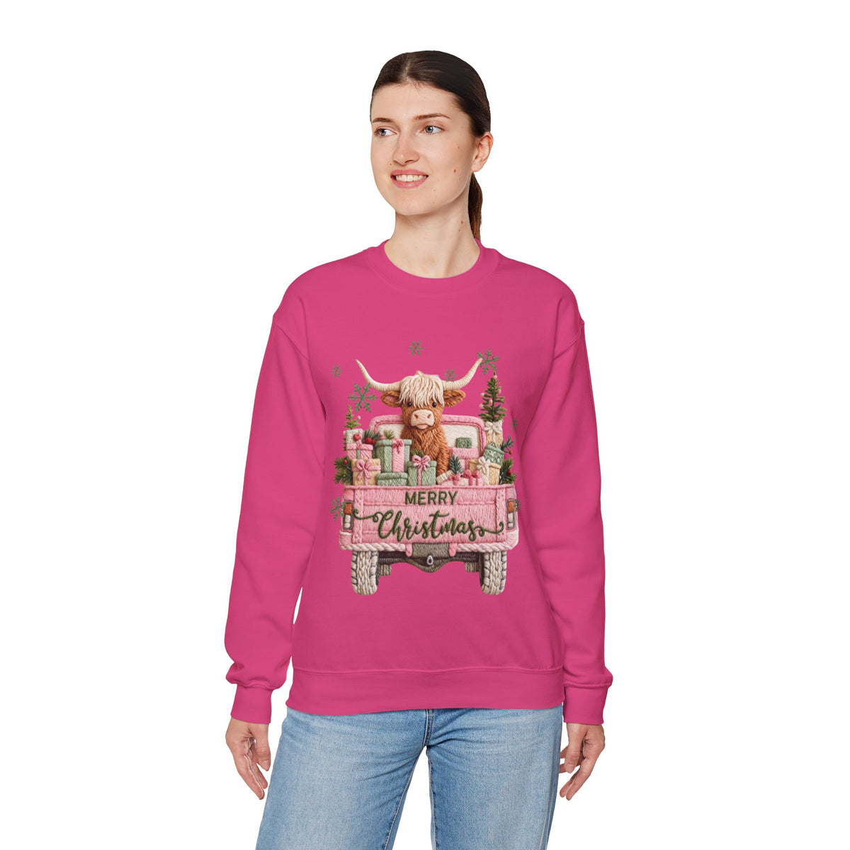 Highland Cow in Pink Truck Merry Christmas Holiday Farmhouse – Gildan Heavy Blend | Trendy Women’s Soft Sweatshirt. Direct to Garment. Printed & Shipped in the USA. Unisex Sizes.