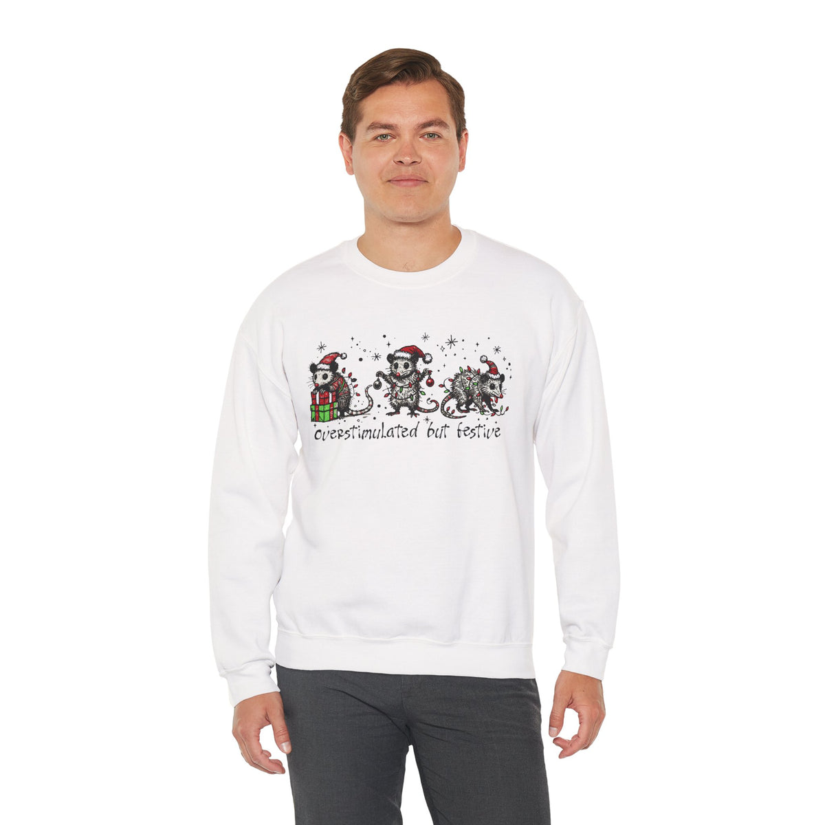 Overstimulated But Festive Christmas Possums – Gildan Heavy Blend | Trendy Women’s and Men's Soft Sweatshirt. Direct to Garment. Printed & Shipped in the USA. Unisex Sizes.
