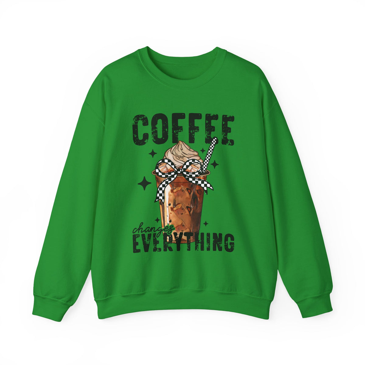 Coffee Changes Everything, Iced Coffee, Coffee Lovers – Gildan Heavy Blend | Trendy Women’s Soft Sweatshirt. Direct to Garment. Printed & Shipped in the USA. Unisex Sizes.