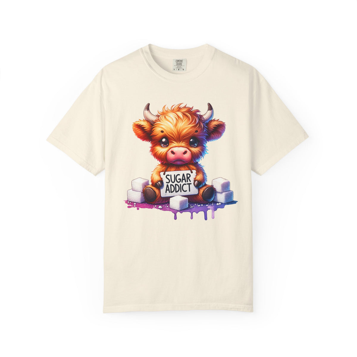 Sugar Addict Highland Cow - Comfort Colors | Trendy Women's T-Shirt. Direct to Garment. Printed & Shipped in the USA. Unisex Sizes.
