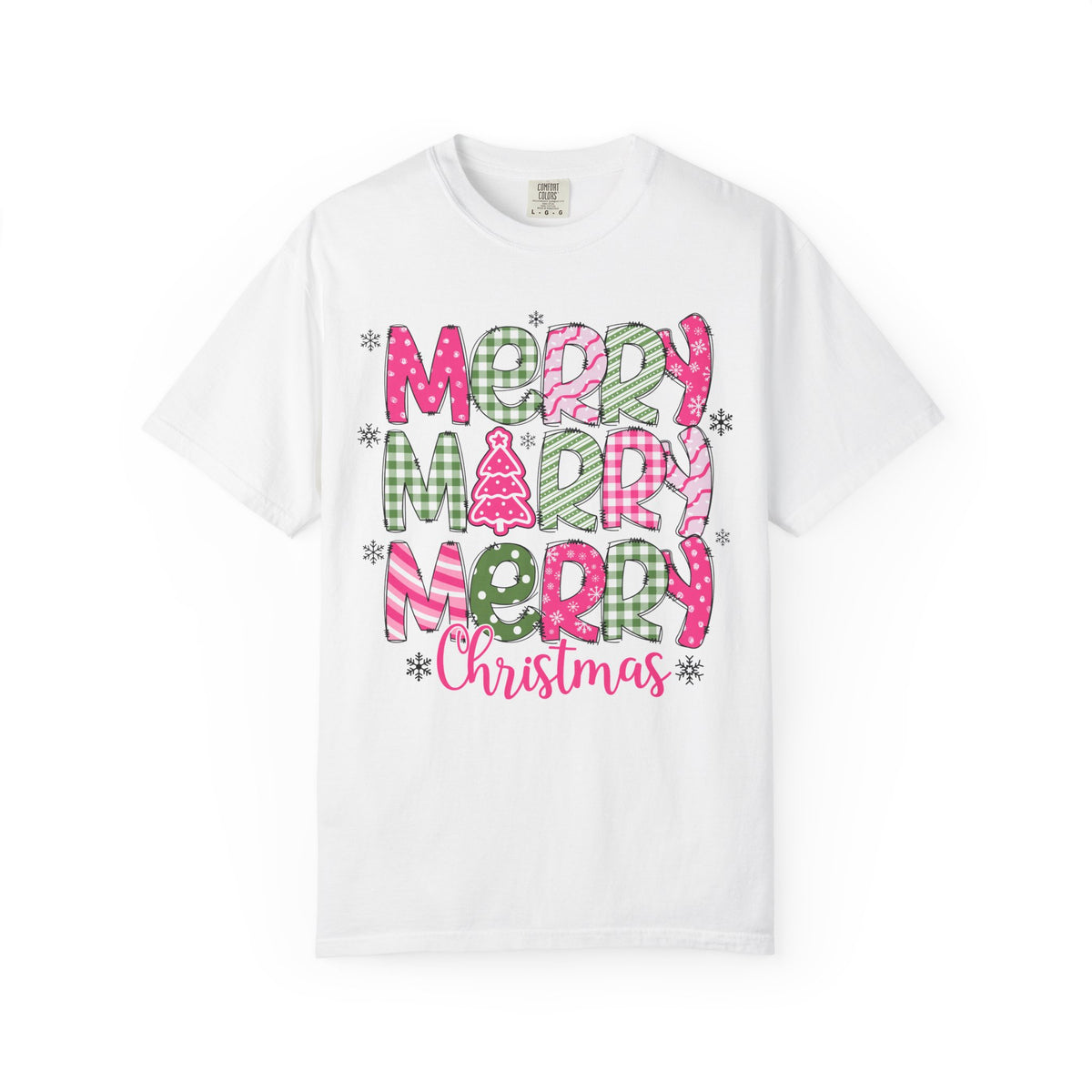 Merry Merry Merry Christmas, Festive Candy Cane & Pink and Green Plaid - Comfort Colors | Trendy Women's T-Shirt. Direct to Garment. Printed & Shipped in the USA. Unisex Sizes.