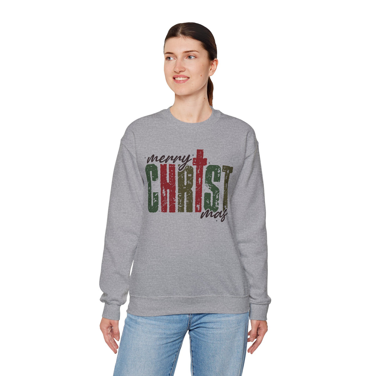 Distressed Merry ChrisTmas Faith Christian – Gildan Heavy Blend | Trendy Women’s Soft Sweatshirt. Direct to Garment. Printed & Shipped in the USA. Unisex Sizes.