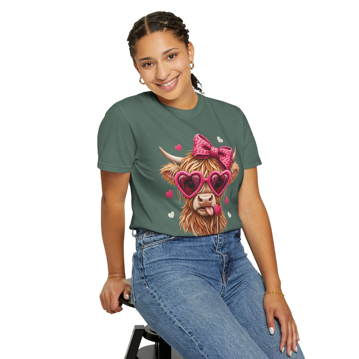 Highland Cow - Pink Heart Shaped Glasses - Comfort Colors | Trendy Women's T-Shirt. Direct to Garment. Printed & Shipped in the USA. Unisex Sizes.