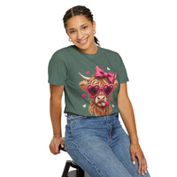 Highland Cow - Pink Heart Shaped Glasses - Comfort Colors | Trendy Women's T-Shirt. Direct to Garment. Printed & Shipped in the USA. Unisex Sizes.