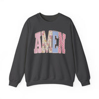 Pastel faux Patchwork AMEN with faux Pearls – Gildan Heavy Blend | Trendy Women’s Soft Sweatshirt. Direct to Garment. Printed & Shipped in the USA. Unisex Sizes.