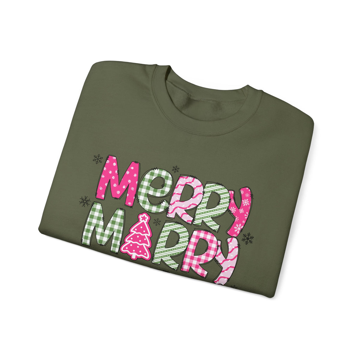 Merry Merry Merry Christmas Festive Candy Cane - Pink and Green – Gildan Heavy Blend | Trendy Women’s Soft Sweatshirt. Direct to Garment. Printed & Shipped in the USA. Unisex Sizes.
