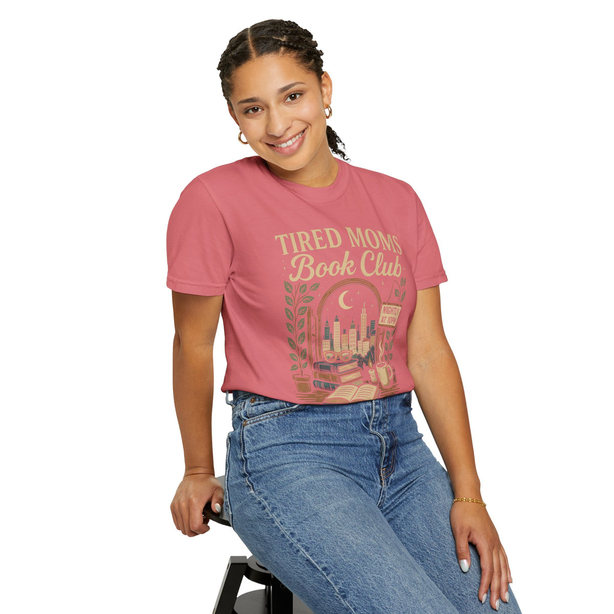 Tired Moms Book Club Running on Coffee and Chapters - Comfort Colors | Trendy Women's T-Shirt. Direct to Garment. Printed & Shipped in the USA. Unisex Sizes.