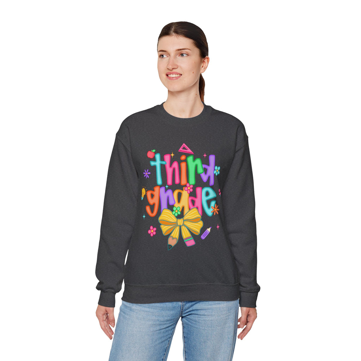 Coquette Third Grade Pencil Bow – Gildan Heavy Blend | Trendy Women’s Soft Sweatshirt. Direct to Garment. Printed & Shipped in the USA. Unisex Sizes.