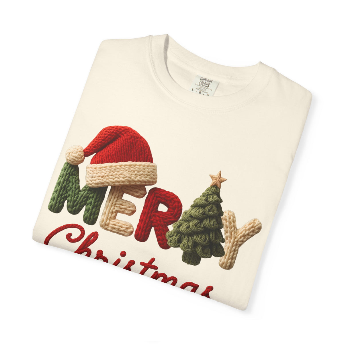 Merry Christmas Faux Yarn w/Santa Hat & Tree - Comfort Colors | Trendy Women's T-Shirt. Direct to Garment. Printed & Shipped in the USA. Unisex Sizes.