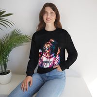 Dramatic Girl With Wine Messy Bun Peace Sign – Gildan Heavy Blend | Trendy Women’s Soft Sweatshirt. Direct to Garment. Printed & Shipped in the USA. Unisex Sizes.