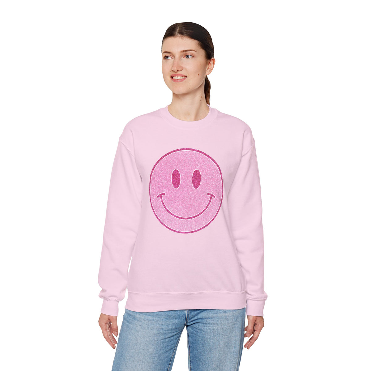 Glitter Smiley – Gildan Heavy Blend | Trendy Women’s Soft Sweatshirt. Direct to Garment. Printed & Shipped in the USA. Unisex Sizes.