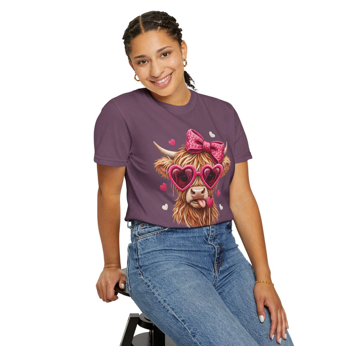 Highland Cow - Pink Heart Shaped Glasses - Comfort Colors | Trendy Women's T-Shirt. Direct to Garment. Printed & Shipped in the USA. Unisex Sizes.