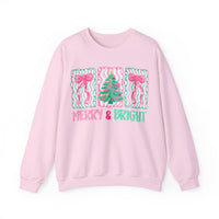 Merry & Bright Christmas - Pink & Green Holiday Tree Design – Gildan Heavy Blend | Trendy Women’s Soft Sweatshirt. Direct to Garment. Printed & Shipped in the USA. Unisex Sizes.