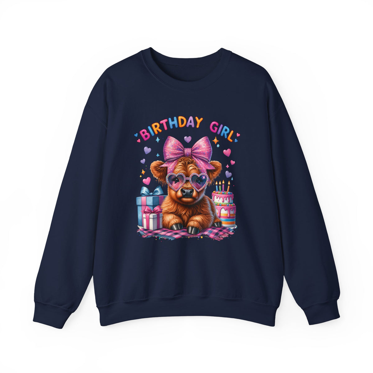 Birthday Girl, Highland Cow – Gildan Heavy Blend | Trendy Women’s Soft Sweatshirt. Direct to Garment. Printed & Shipped in the USA. Unisex Sizes.