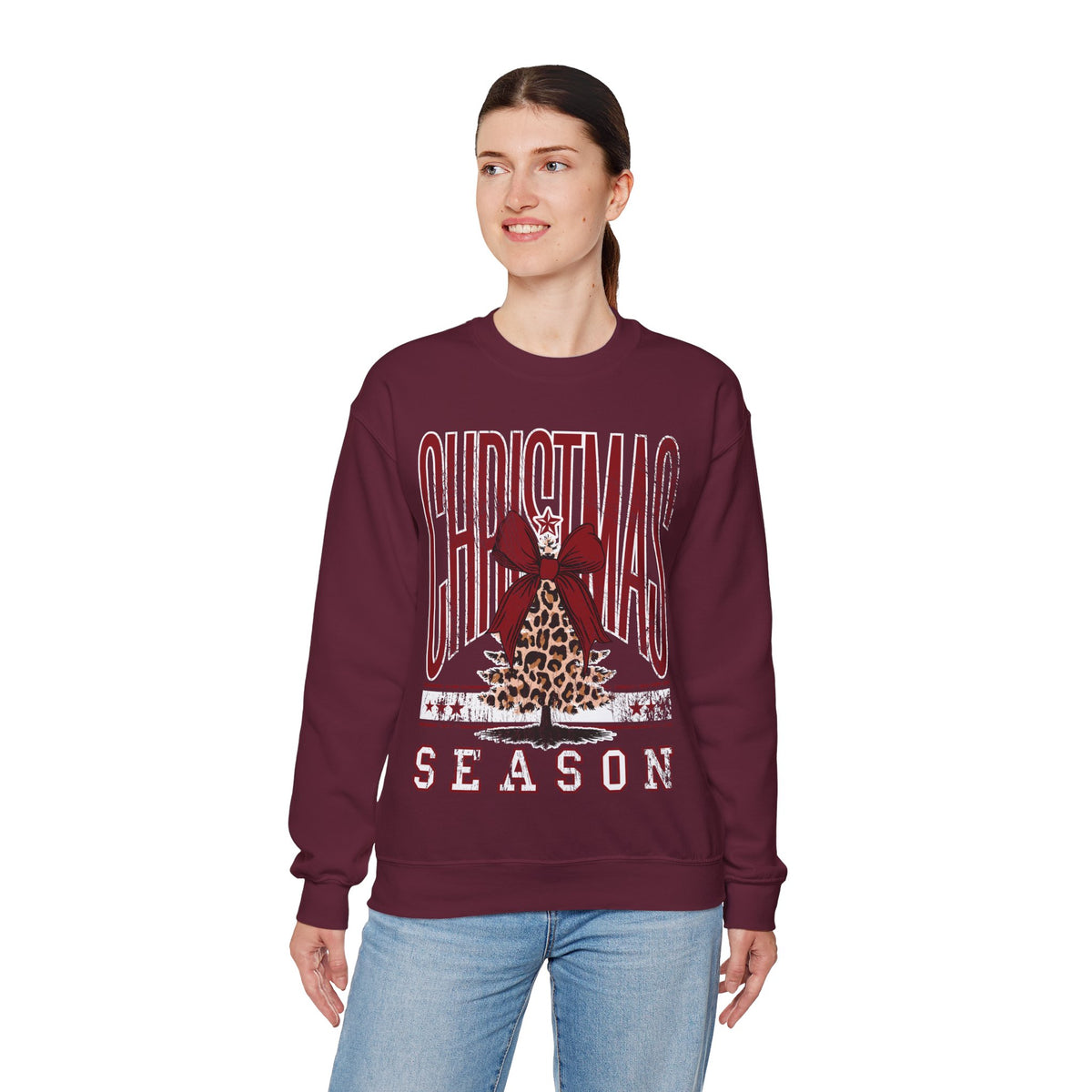 Christmas Season Leopard Tree Distressed – Gildan Heavy Blend | Trendy Women’s Soft Sweatshirt. Direct to Garment. Printed & Shipped in the USA. Unisex Sizes.