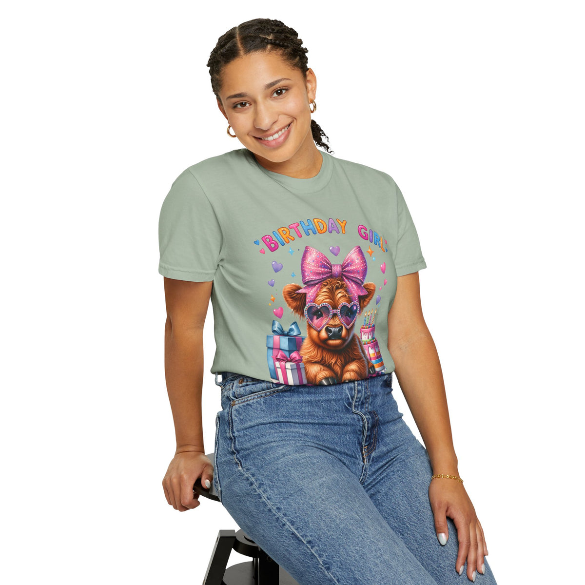 Birthday Girl, Highland Cow - Comfort Colors | Trendy Women's T-Shirt. Direct to Garment. Printed & Shipped in the USA. Unisex Sizes.