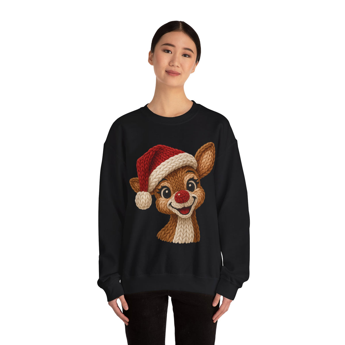 Cute Rudolph Faux Knit Look Reindeer w/Santa Hat – Gildan Heavy Blend | Trendy Women’s Soft Sweatshirt. Direct to Garment. Printed & Shipped in the USA. Unisex Sizes.
