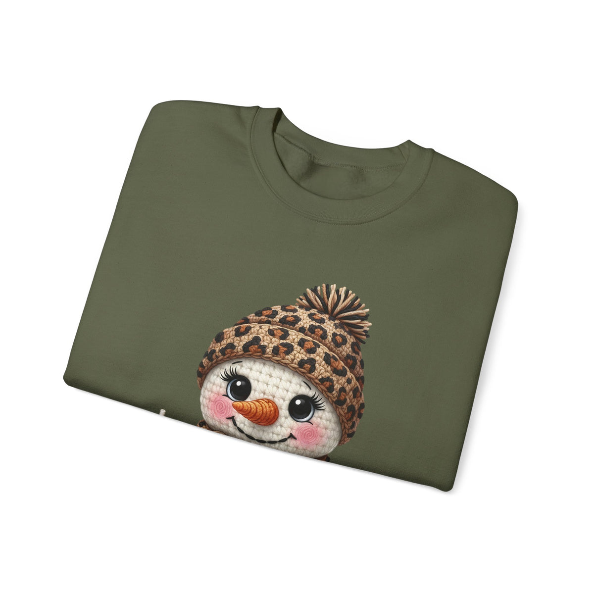 Leopard Snowman - Leopard Purse, Drink, Hat & Scarf – Gildan Heavy Blend | Trendy Women’s Soft Sweatshirt. Direct to Garment. Printed & Shipped in the USA. Unisex Sizes.