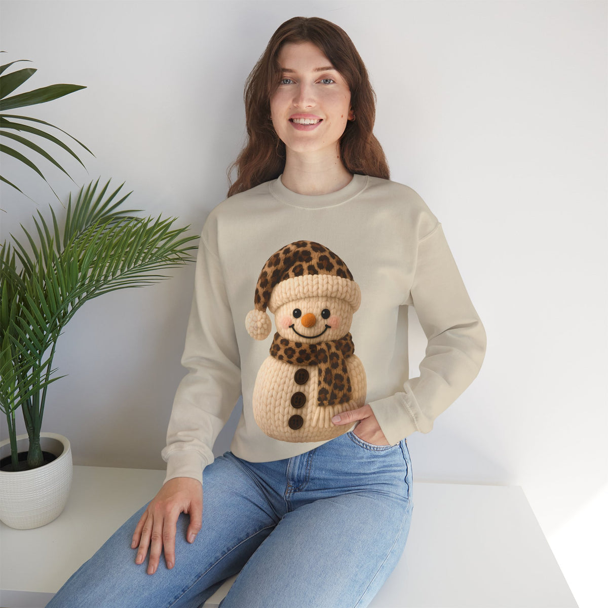 Cute Leopard Faux Knit Snowman Winter – Gildan Heavy Blend | Trendy Women’s Soft Sweatshirt. Direct to Garment. Printed & Shipped in the USA. Unisex Sizes.