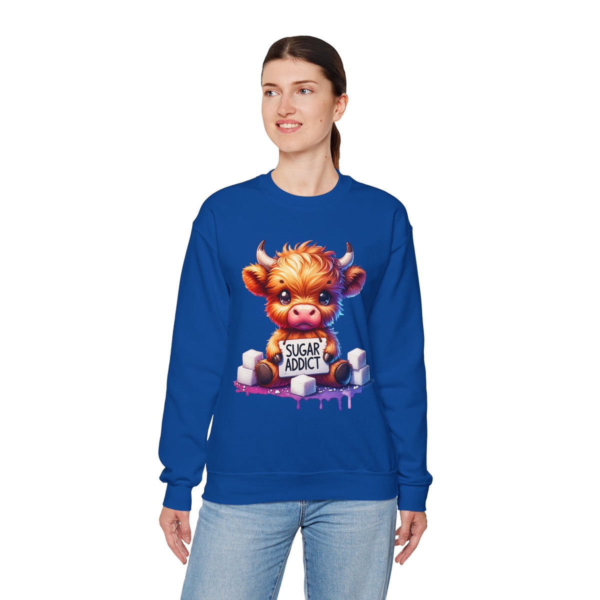 Sugar Addict Highland Cow – Gildan Heavy Blend | Trendy Women’s Soft Sweatshirt. Direct to Garment. Printed & Shipped in the USA. Unisex Sizes.