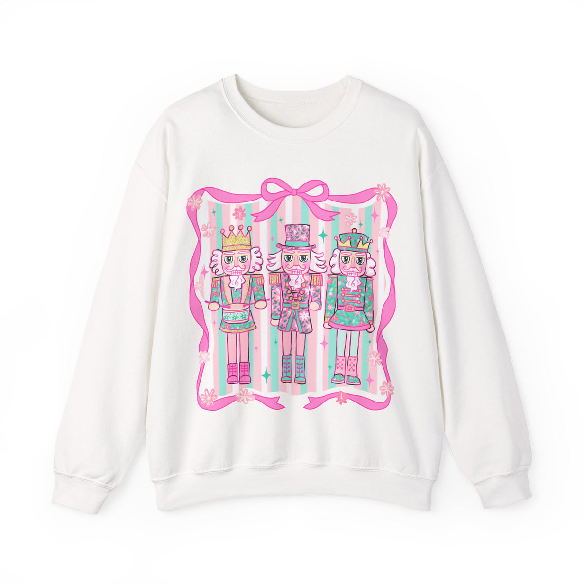 Coquette Pastel Christmas Nutcracker Trio Pink and Green – Gildan Heavy Blend | Trendy Women’s Soft Sweatshirt. Direct to Garment. Printed & Shipped in the USA. Unisex Sizes.