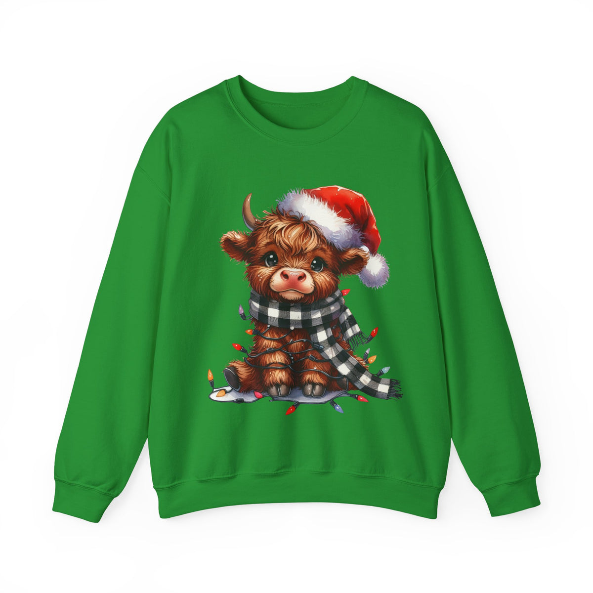 Cute Highland Cow Santa Hat Scarf Christmas Lights – Gildan Heavy Blend | Trendy Women’s Soft Sweatshirt. Direct to Garment. Printed & Shipped in the USA. Unisex Sizes.