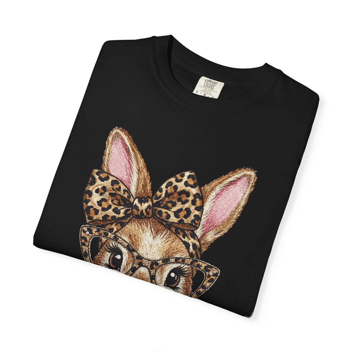 Bunny with Leopard Bow and Glasses - Comfort Colors | Trendy Women's T-Shirt. Direct to Garment. Printed & Shipped in the USA. Unisex Sizes.