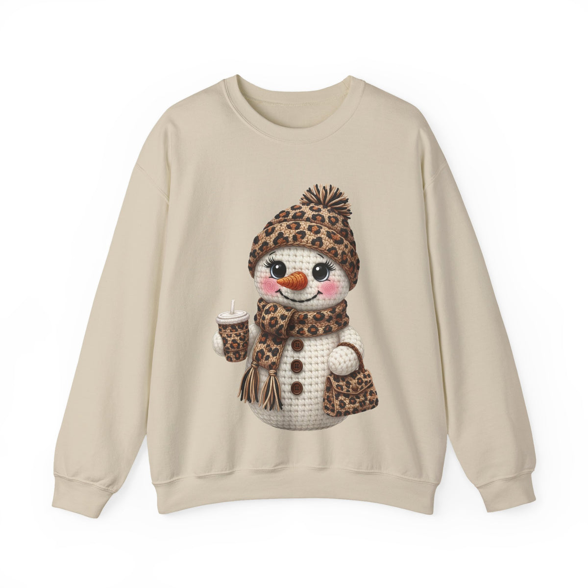 Leopard Snowman - Leopard Purse, Drink, Hat & Scarf – Gildan Heavy Blend | Trendy Women’s Soft Sweatshirt. Direct to Garment. Printed & Shipped in the USA. Unisex Sizes.