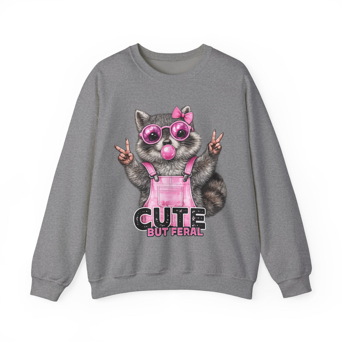 Cute But Feral, Raccoon in Pink Bibs – Gildan Heavy Blend | Trendy Women’s Soft Sweatshirt. Direct to Garment. Printed & Shipped in the USA. Unisex Sizes.