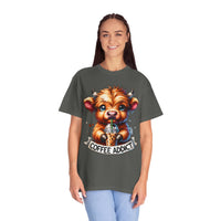 Coffee Addict Highland Cow Drinking Iced Coffee - Comfort Colors | Trendy Women's T-Shirt. Direct to Garment. Printed & Shipped in the USA. Unisex Sizes.