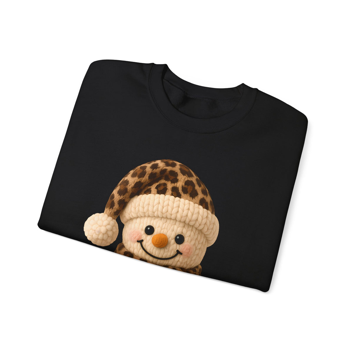 Cute Leopard Faux Knit Snowman Winter – Gildan Heavy Blend | Trendy Women’s Soft Sweatshirt. Direct to Garment. Printed & Shipped in the USA. Unisex Sizes.