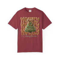 Merry Merry Merry Christmas, Faux Latch Hook Yarn - Comfort Colors | Trendy Women's T-Shirt. Direct to Garment. Printed & Shipped in the USA. Unisex Sizes.