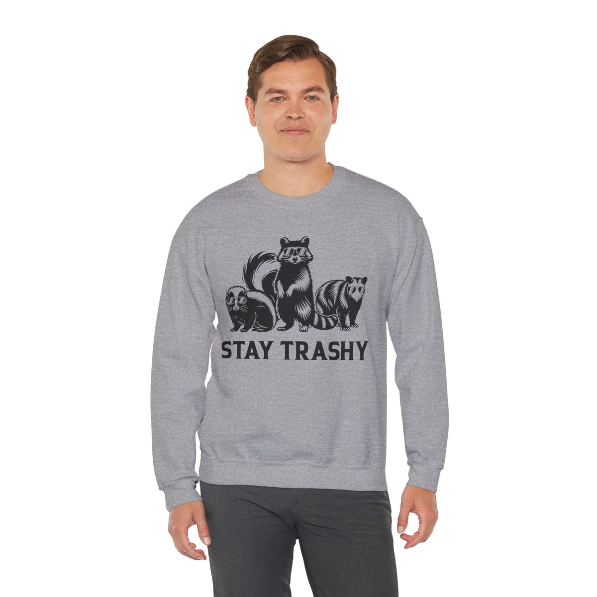 Stay Trashy, Skunk Raccoon Possum – Gildan Heavy Blend | Trendy Women’s and Men's Soft Sweatshirt. Direct to Garment. Printed & Shipped in the USA. Unisex Sizes.
