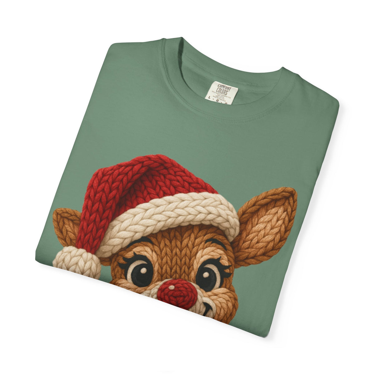 Cute Rudolph Faux Knit Look Reindeer w/Santa Hat - Comfort Colors | Trendy Women's T-Shirt. Direct to Garment. Printed & Shipped in the USA. Unisex Sizes.