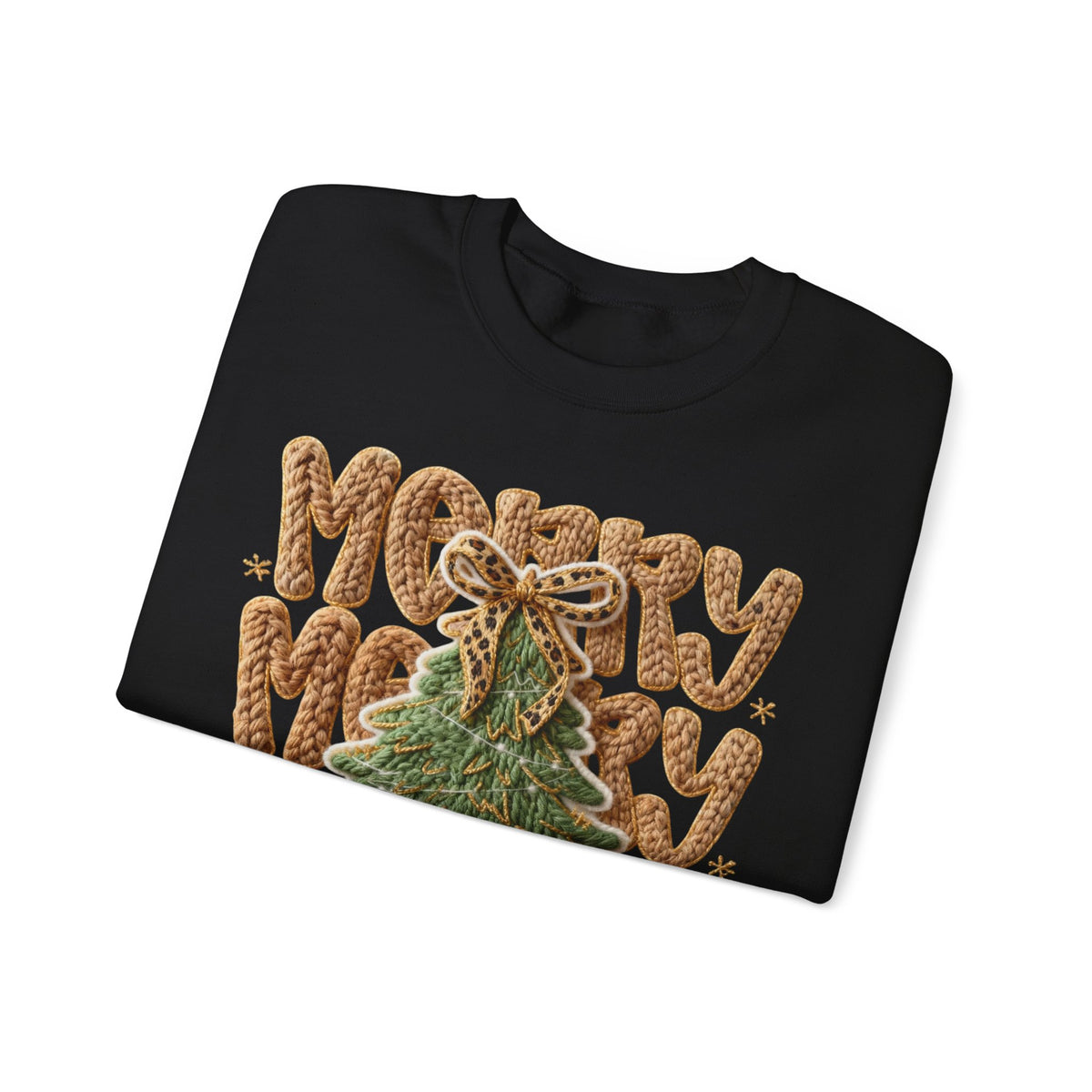 Merry Merry Merry Christmas, Faux Latch Hook Yarn – Gildan Heavy Blend | Trendy Women’s Soft Sweatshirt. Direct to Garment. Printed & Shipped in the USA. Unisex Sizes.