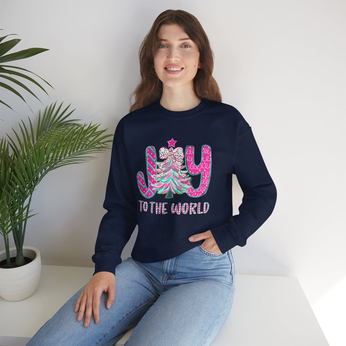 Joy to the World w/Christmas Tree Pink and Teal – Gildan Heavy Blend | Trendy Women’s Soft Sweatshirt. Direct to Garment. Printed & Shipped in the USA. Unisex Sizes.