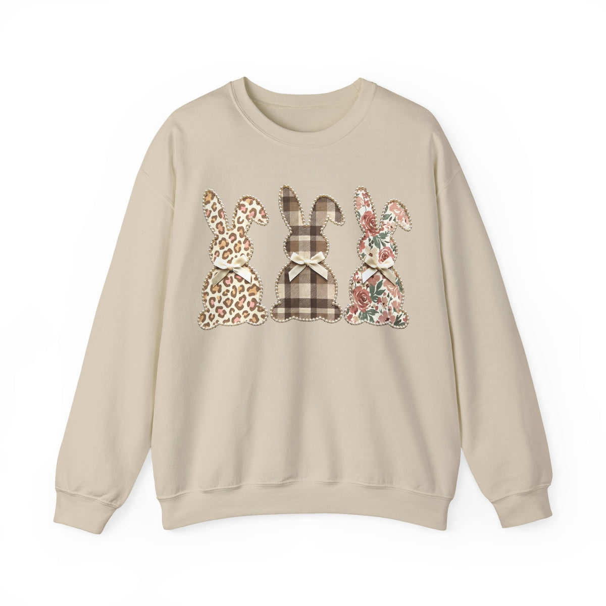 Easter Bunny Trio, Leopard, Plaid & Floral - Faux Pearl Outline – Gildan Heavy Blend | Trendy Women’s Soft Sweatshirt. Direct to Garment. Printed & Shipped in the USA. Unisex Sizes.