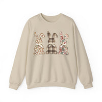 Easter Bunny Trio, Leopard, Plaid & Floral - Faux Pearl Outline – Gildan Heavy Blend | Trendy Women’s Soft Sweatshirt. Direct to Garment. Printed & Shipped in the USA. Unisex Sizes.