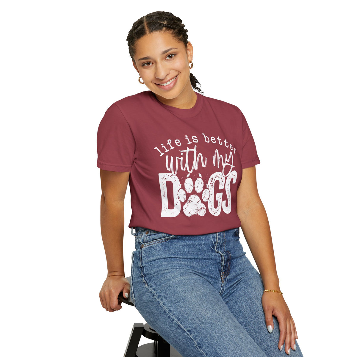 Life Is Better With My Dogs, Distressed - Comfort Colors | Trendy Women's and Men's T-Shirt. Direct to Garment. Printed & Shipped in the USA. Unisex Sizes.