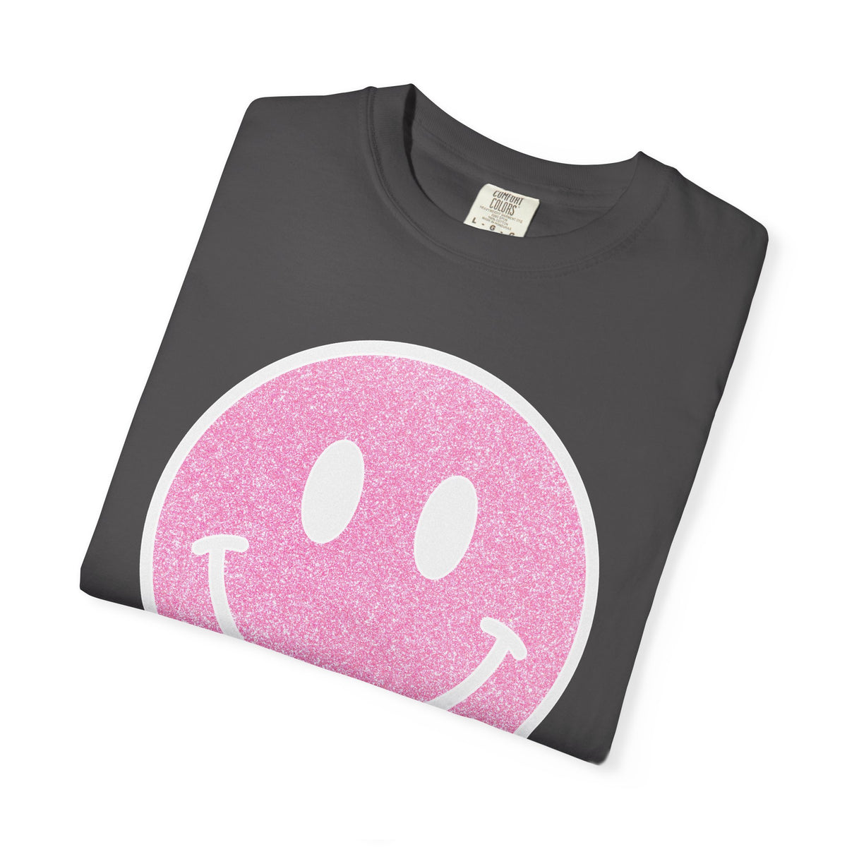 Faux Glitter Smiley - Comfort Colors | Trendy Women's T-Shirt. Direct to Garment. Printed & Shipped in the USA. Unisex Sizes.
