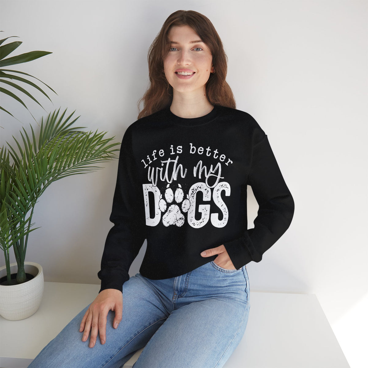 Life Is Better With My Dogs, Distressed – Gildan Heavy Blend | Trendy Women’s and Men's Soft Sweatshirt. Direct to Garment. Printed & Shipped in the USA. Unisex Sizes.