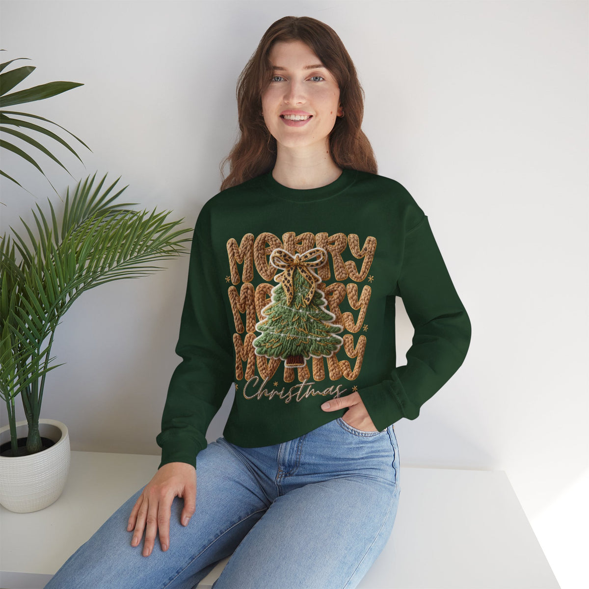 Merry Merry Merry Christmas, Faux Latch Hook Yarn – Gildan Heavy Blend | Trendy Women’s Soft Sweatshirt. Direct to Garment. Printed & Shipped in the USA. Unisex Sizes.