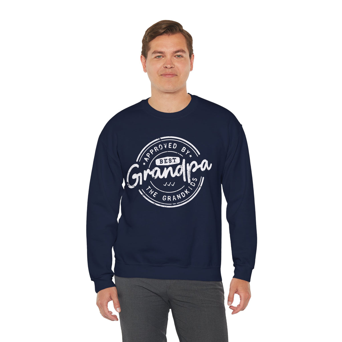 Best Grandpa, Approved by the Grandkids – Gildan Heavy Blend | Trendy Men's Soft Sweatshirt. Direct to Garment. Printed & Shipped in the USA. Unisex Sizes.