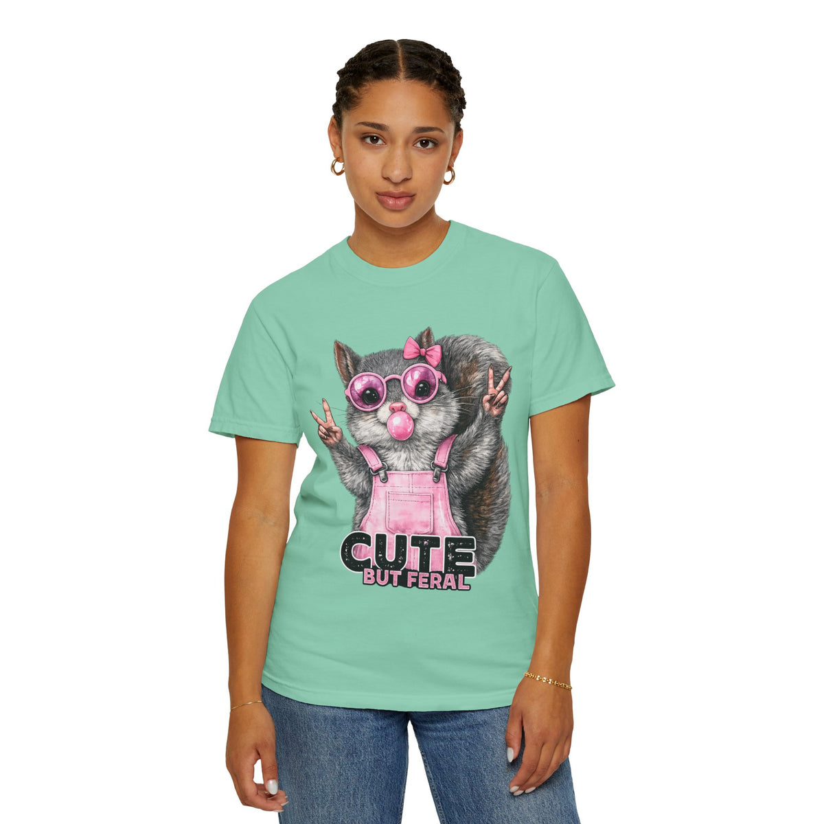 Cute But Feral, Squirrel in Pink Bibs - Comfort Colors | Trendy Women's T-Shirt. Direct to Garment. Printed & Shipped in the USA. Unisex Sizes.