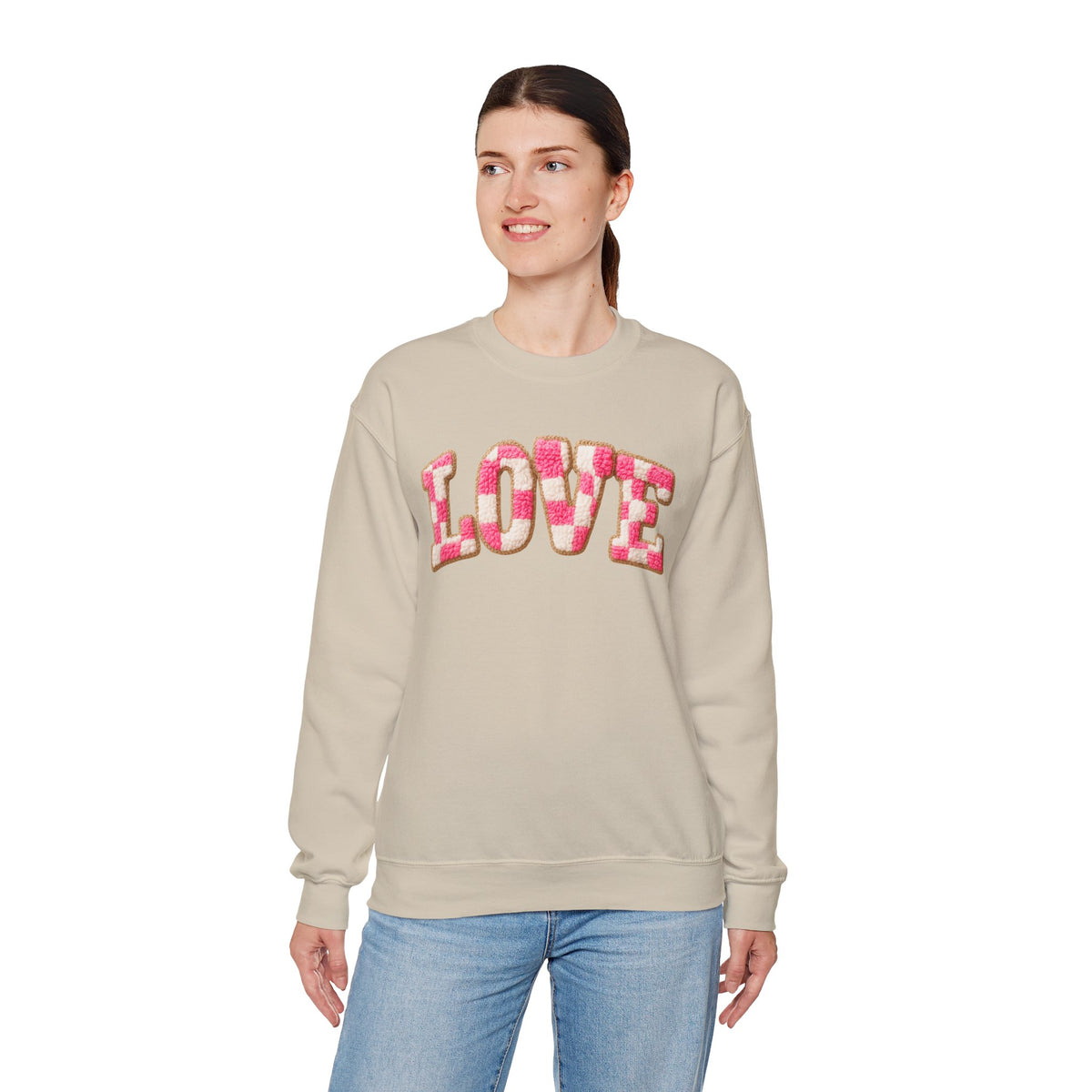 Faux Crochet Checkered LOVE – Gildan Heavy Blend | Trendy Women’s Soft Sweatshirt. Direct to Garment. Printed & Shipped in the USA. Unisex Sizes.