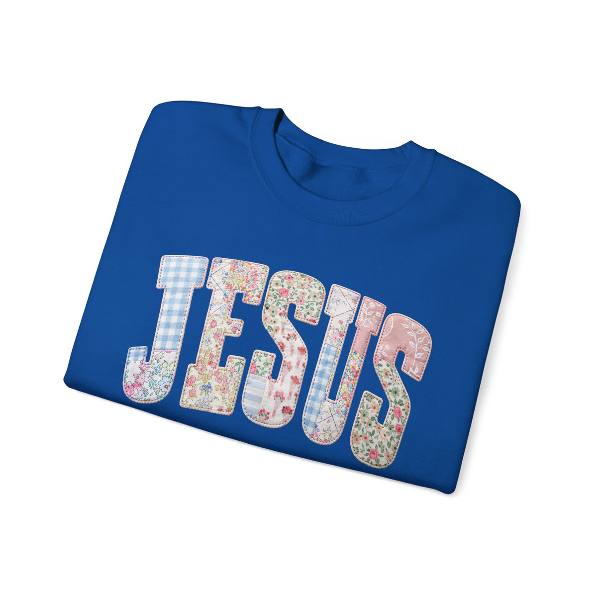 Jesus faux Patchwork – Gildan Heavy Blend | Trendy Women’s Soft Sweatshirt. Direct to Garment. Printed & Shipped in the USA. Unisex Sizes.