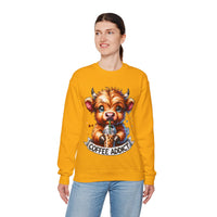 Coffee Addict Highland Cow Drinking Iced Coffee – Gildan Heavy Blend | Trendy Women’s Soft Sweatshirt. Direct to Garment. Printed & Shipped in the USA. Unisex Sizes.